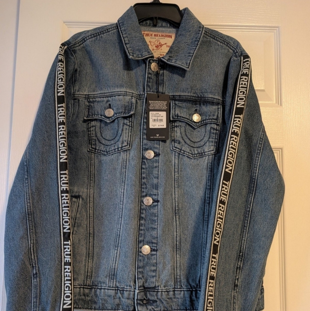 True Religion Logo Taping Distressed Trucker Denim Jacket